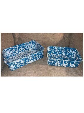 Crow Canyon Enamelware Blue & White Marble Splatter Metal Pans (Lot of 2)